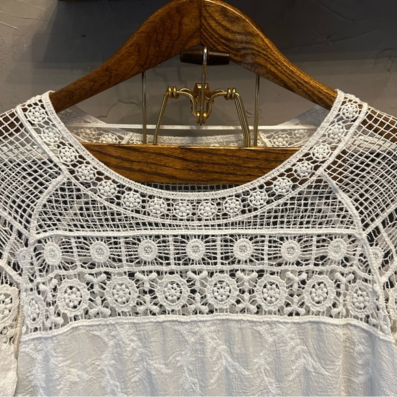 Women's S White Cotton Tunic Lace Crochet Boho Peasant Hippie 3/4 Sleeve - Picture 4 of 12